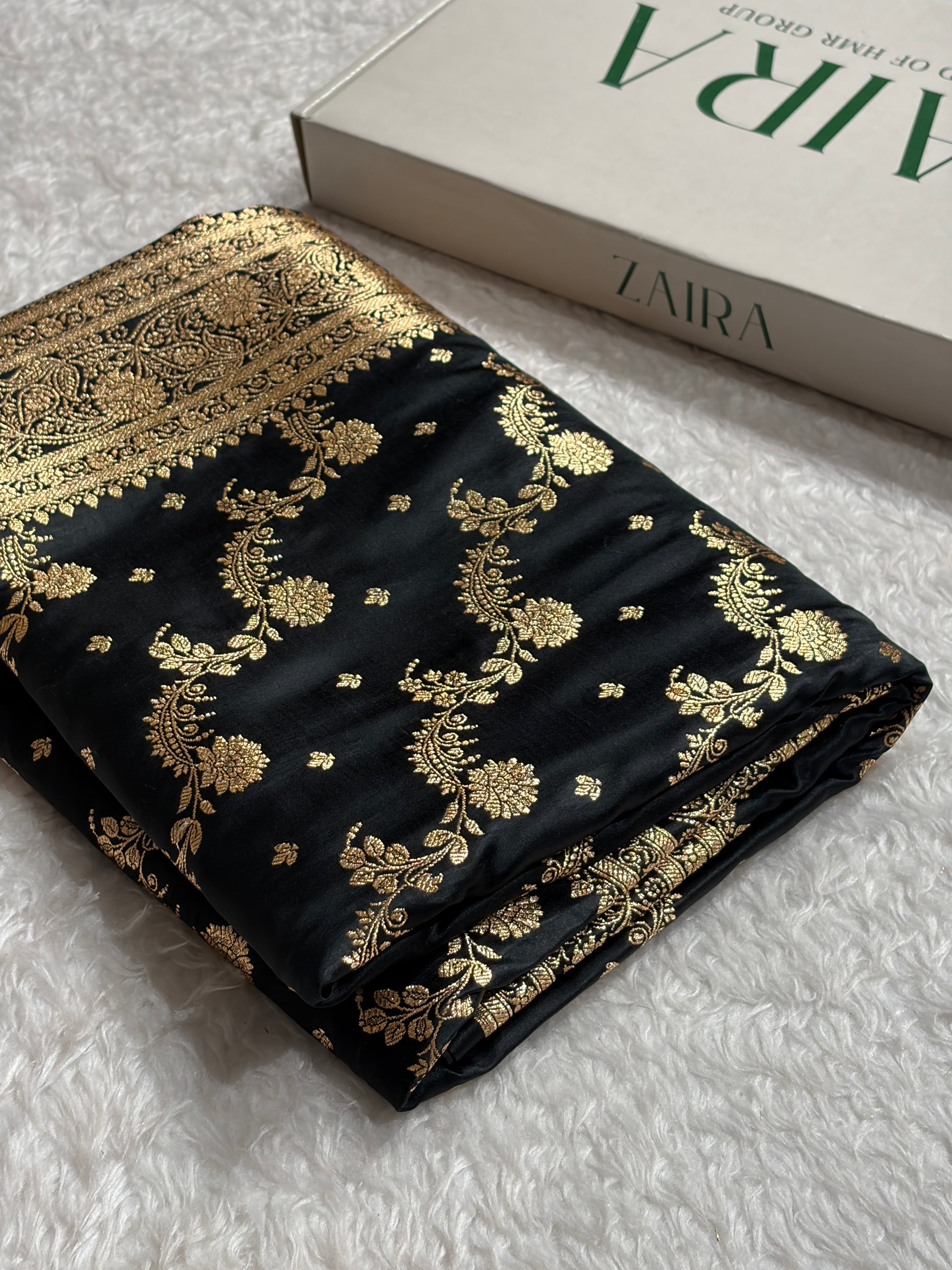 Banarasi Satin Katan Saree With Jaal Pattern in Black Shades SK121