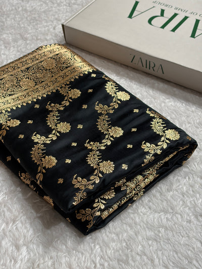 Banarasi Satin Katan Saree With Jaal Pattern in Black Shades SK121
