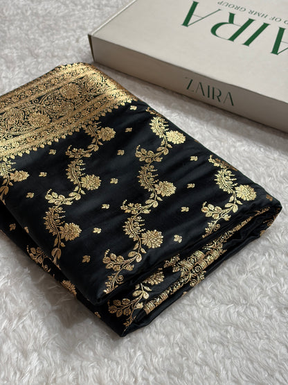 Banarasi Satin Katan Saree With Jaal Pattern in Black Shades SK121
