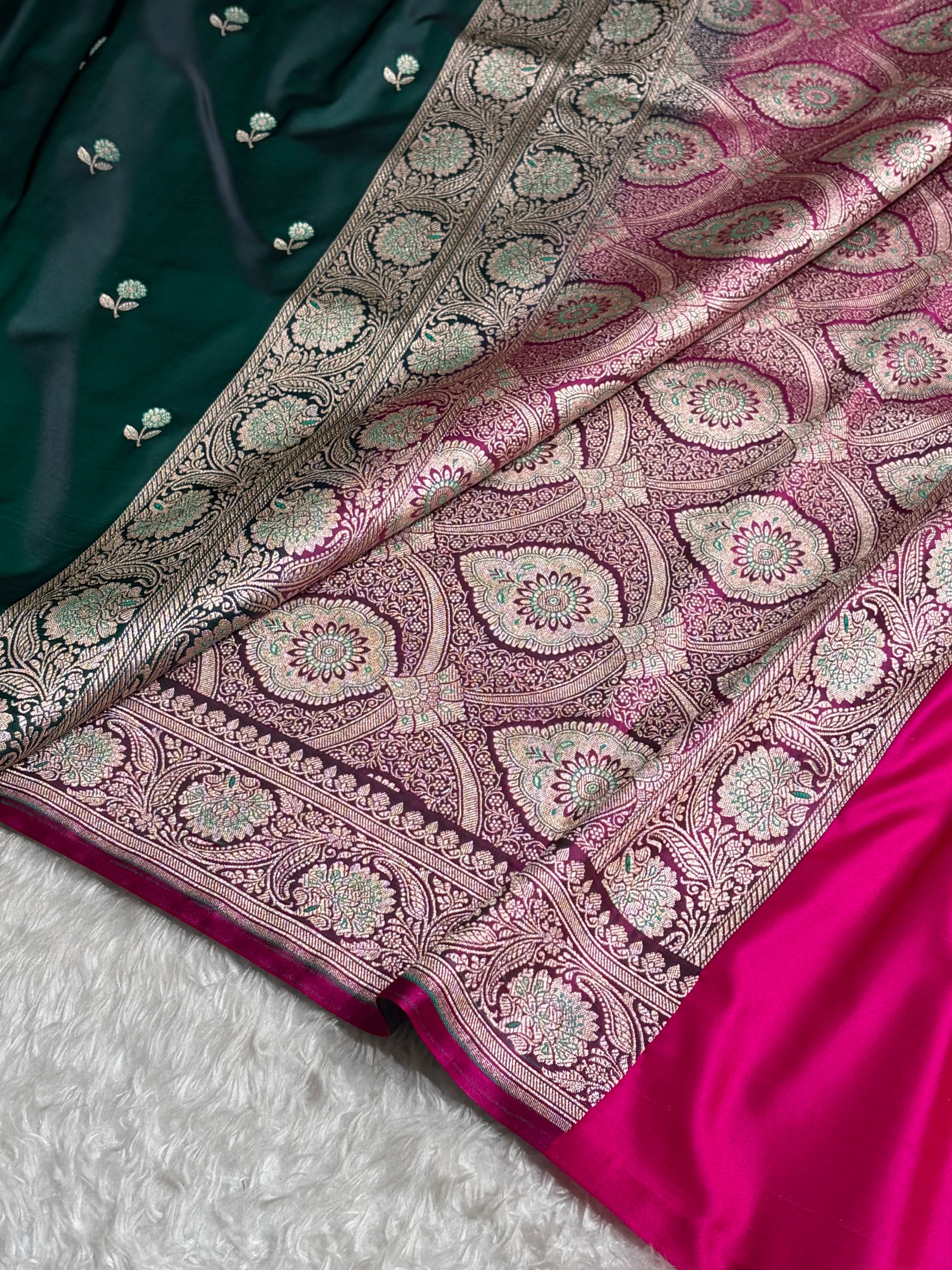 Dark Bottle Green / Rani Shades Banarasi Booti Pattern Mashru Silk Saree MSM-137
