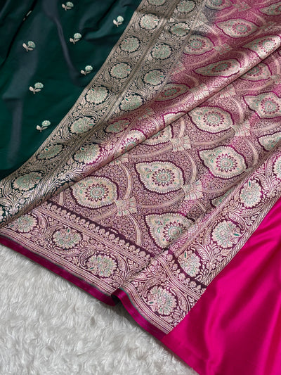 Dark Bottle Green / Rani Shades Banarasi Booti Pattern Mashru Silk Saree MSM-137