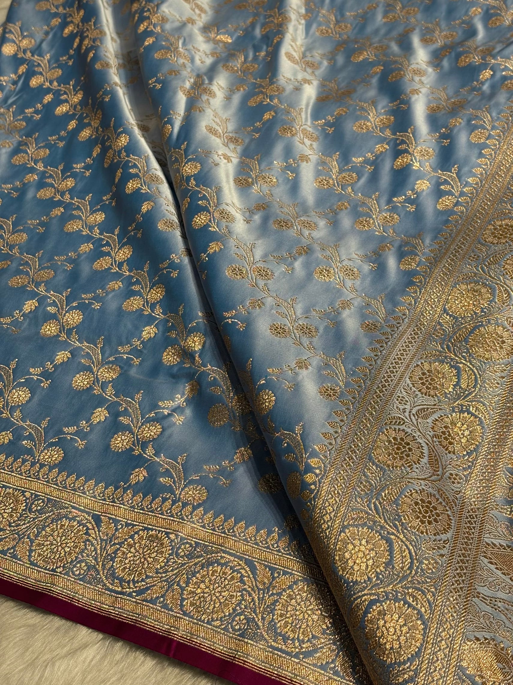 Nile Blue  Cross Satin Katan Silk Saree SK17