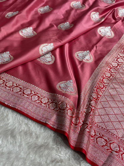 Contrast Baby Pink With Red Minakari Boota Mashru Silk Saree MS35