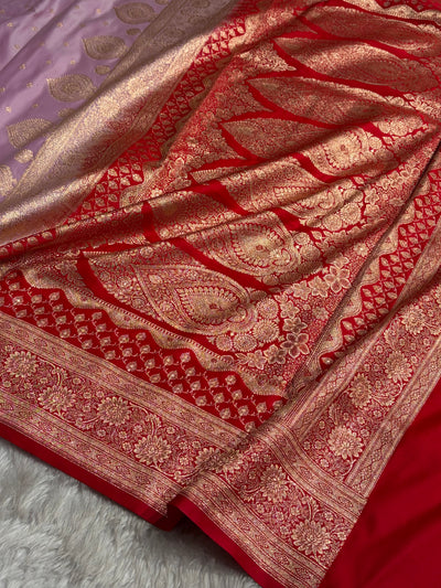 Lavender with Red Booti Satin Katan Silk saree SK29