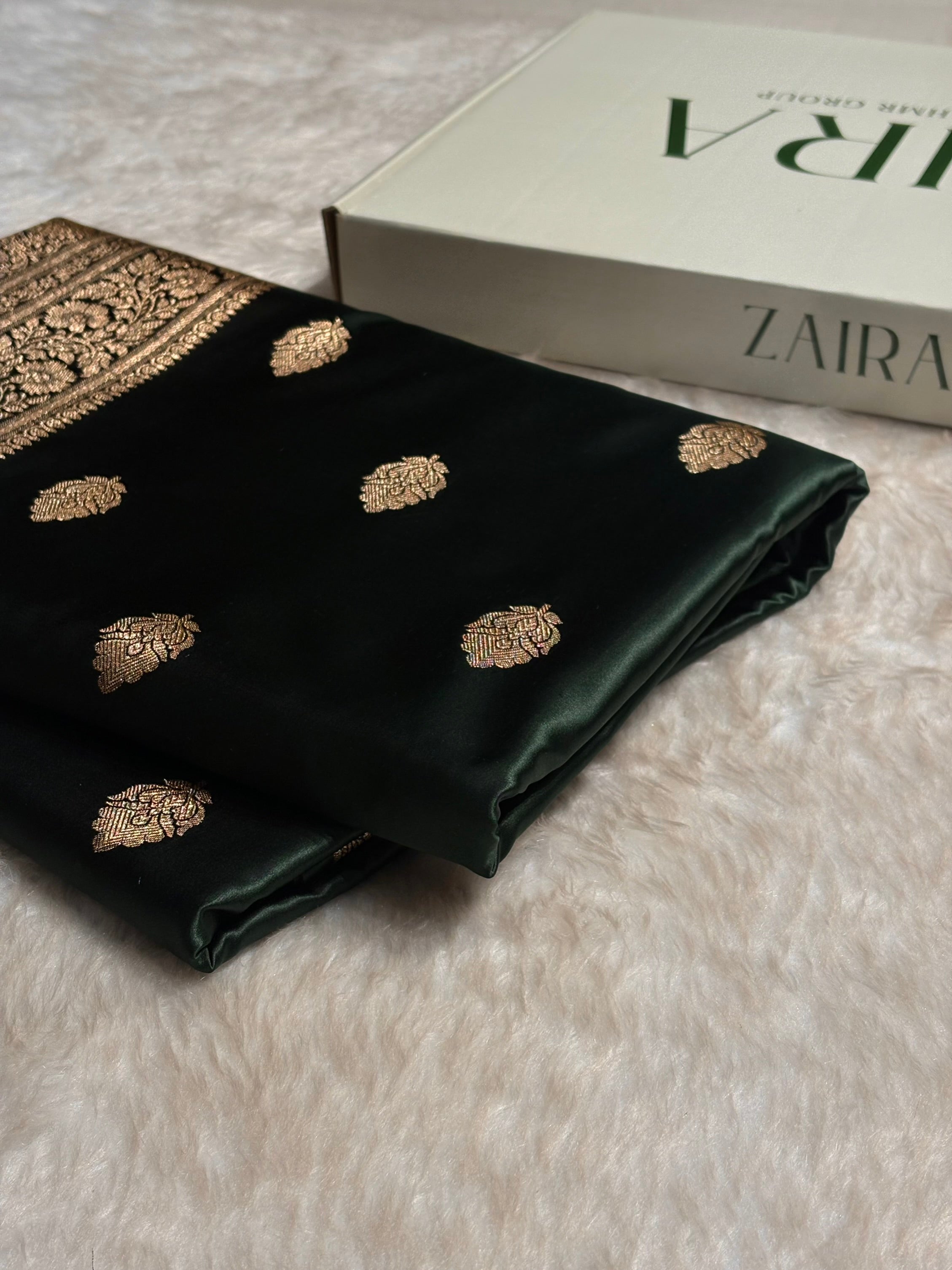 Dark Bottle Green Booti Pattern Satin Katan Silk Saree SK65