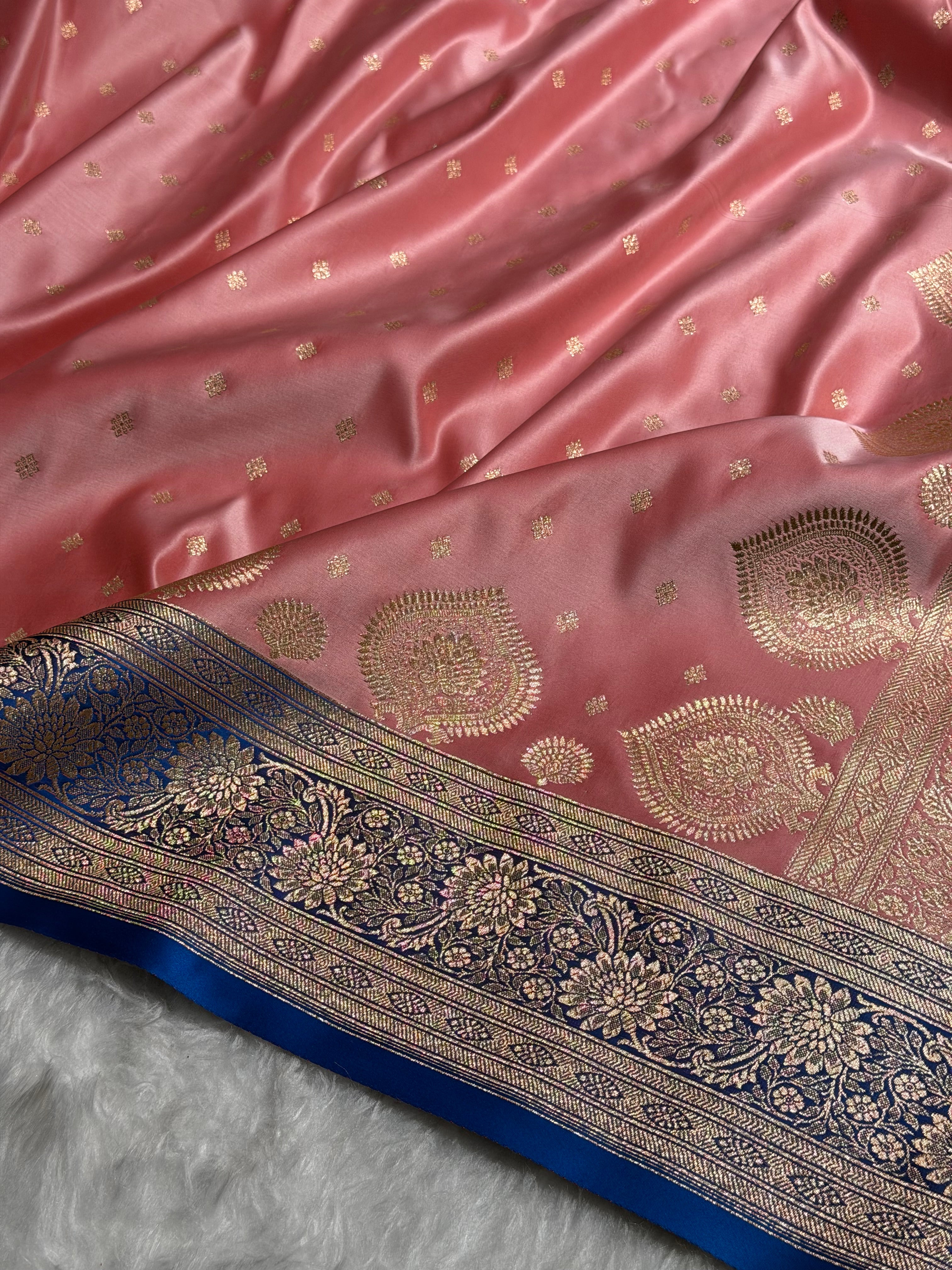 Baby Pink with Blue Booti Satin Katan Silk saree SK29