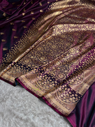 Cross Wine Floral Banasari Pattern Satin Katan Silk Saree SK83