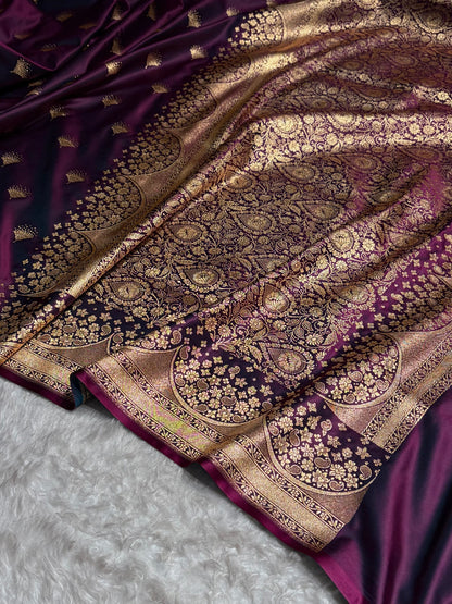 Cross Wine Floral Banasari Pattern Satin Katan Silk Saree SK83