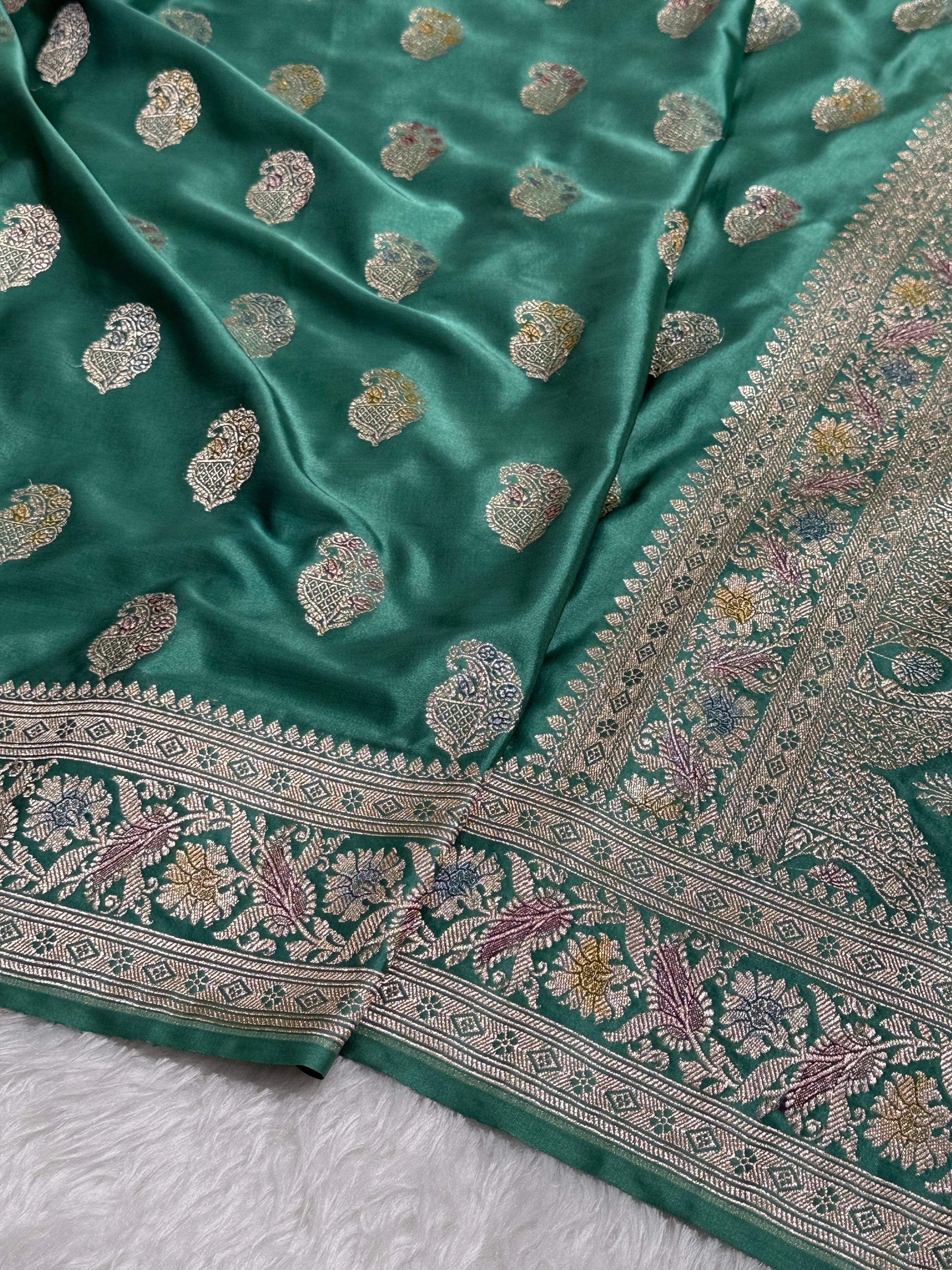 Dusty Peacock Green Shades Minakari Motif Mashru Silk Saree