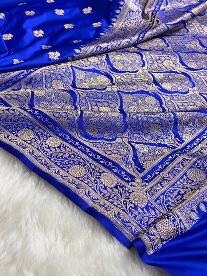 Banarasi Royal Blue Shades Floral Boota Satin Katan Silk saree SK32