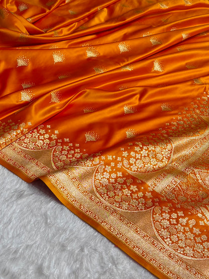 Fire Gold Floral Banasari Pattern Satin Katan Silk Saree SK83