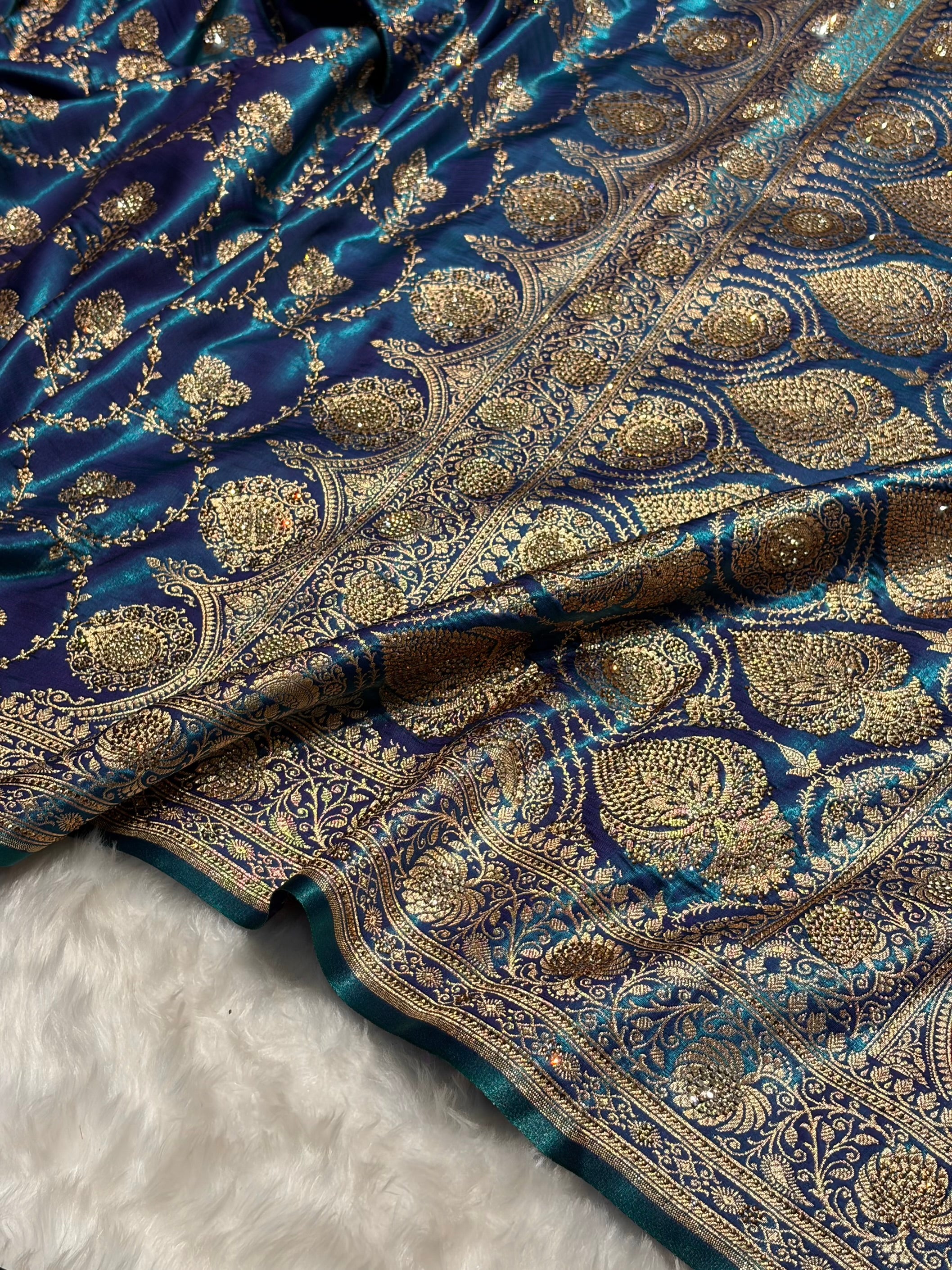 Satin Silk Saree Swarovski Work Jaal in Peacock Blue Shades BSS23