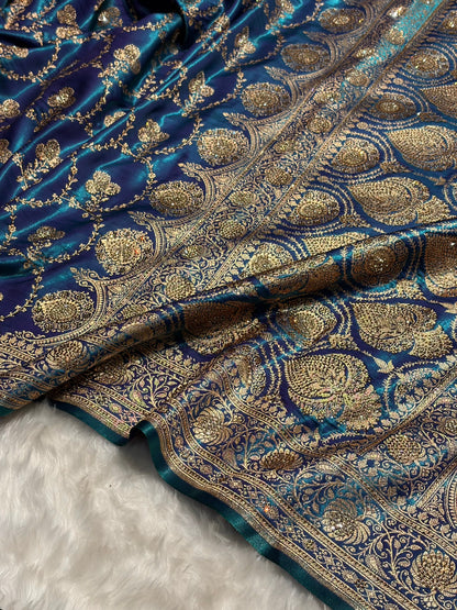 Satin Silk Saree Swarovski Work Jaal in Peacock Blue Shades BSS23