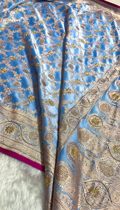 Nile Blue Jaal With Banarasi Swarovski and Zardozi Work Pattern Satin Katan Silk Saree BSK25