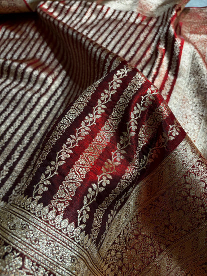 Maroon Shades Stripe Pattern Banarasi Satin Silk Saree SS46