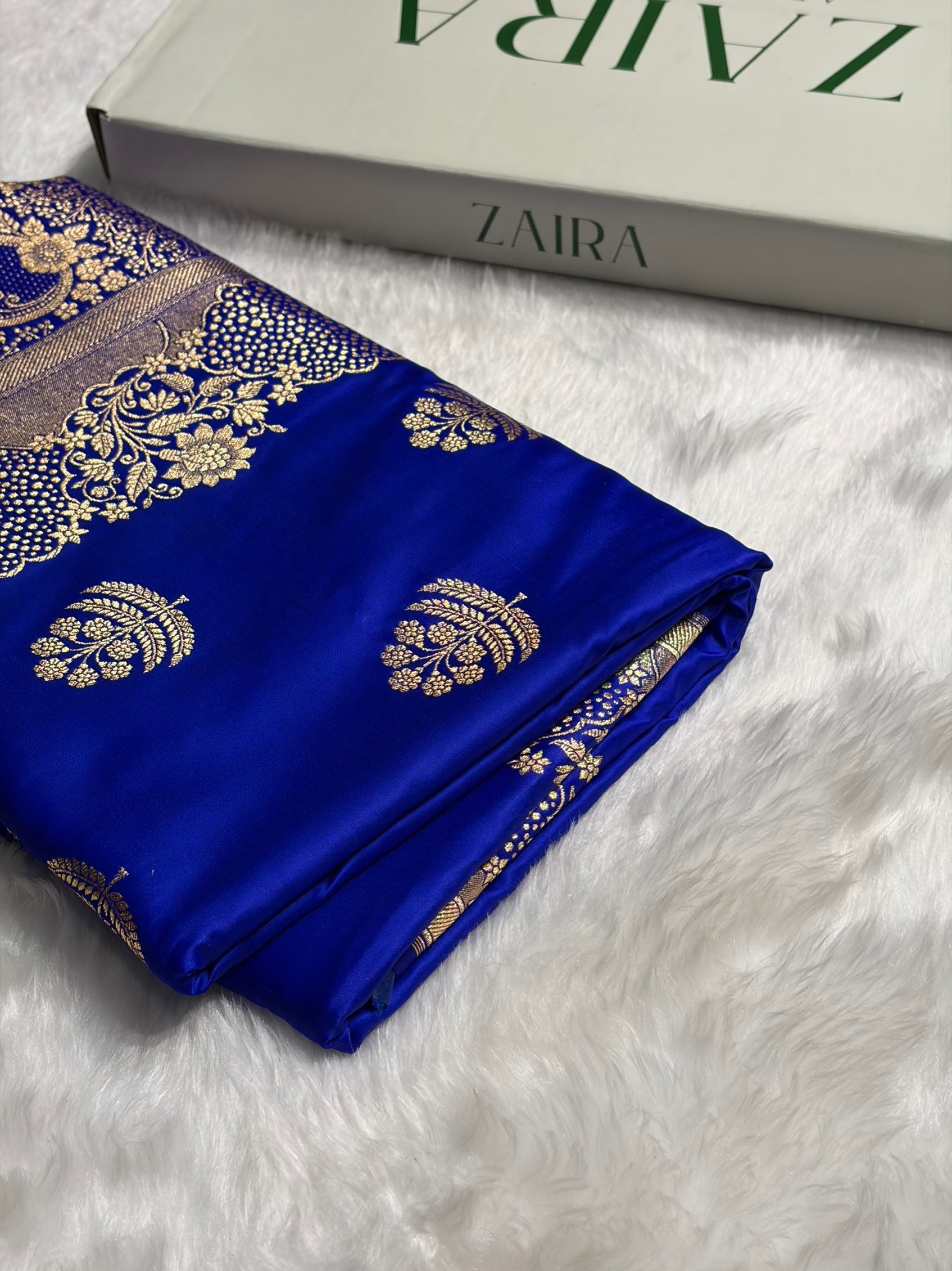 Royal Blue Unique Boota Pattern Satin Katan Silk Saree SK70