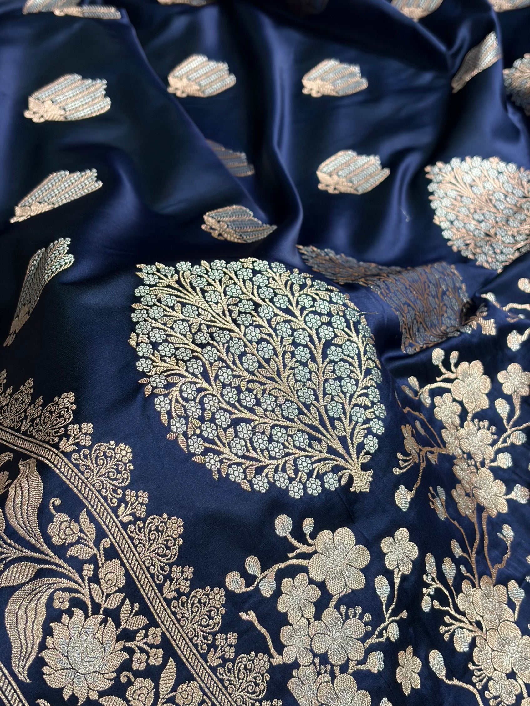 German Blue Shades Banarasi Boota Pattern Minakari Floral Mashru Silk Saree MSM-122