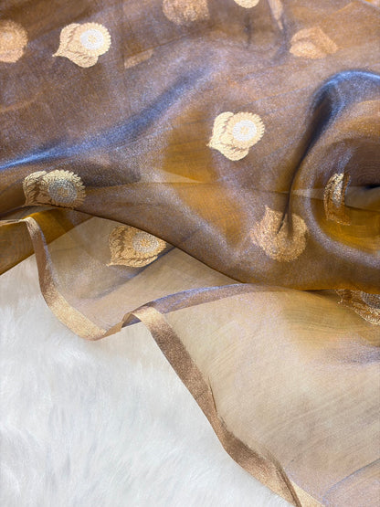 Cross Mustard Blue Bananasi Floral Shades Pure Tissue Silk Saree PT-36