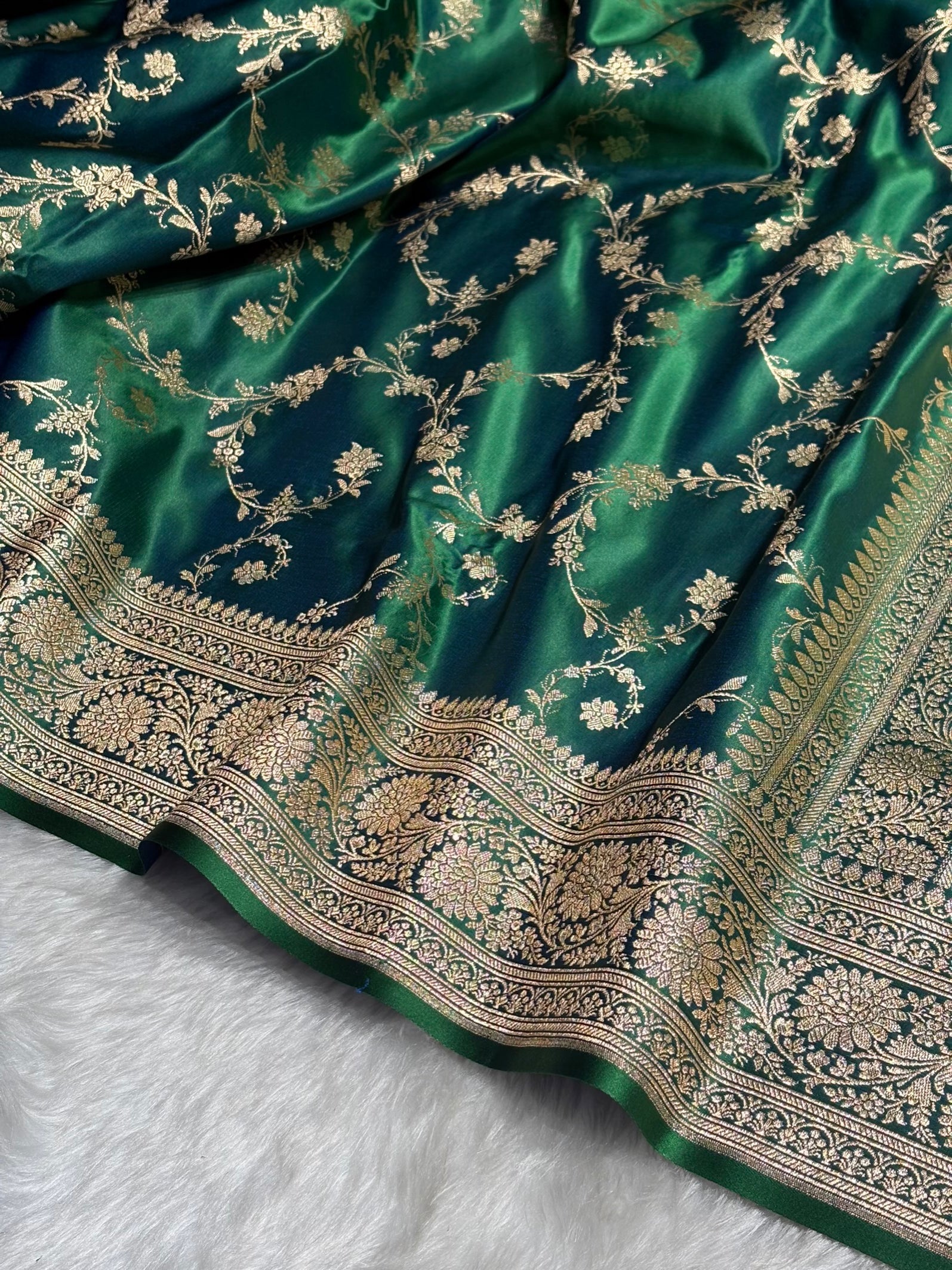 Bottle Green Cross Floral Jaal Pattern Satin Katan Silk saree SK60