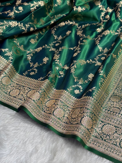 Bottle Green Cross Floral Jaal Pattern Satin Katan Silk saree SK60