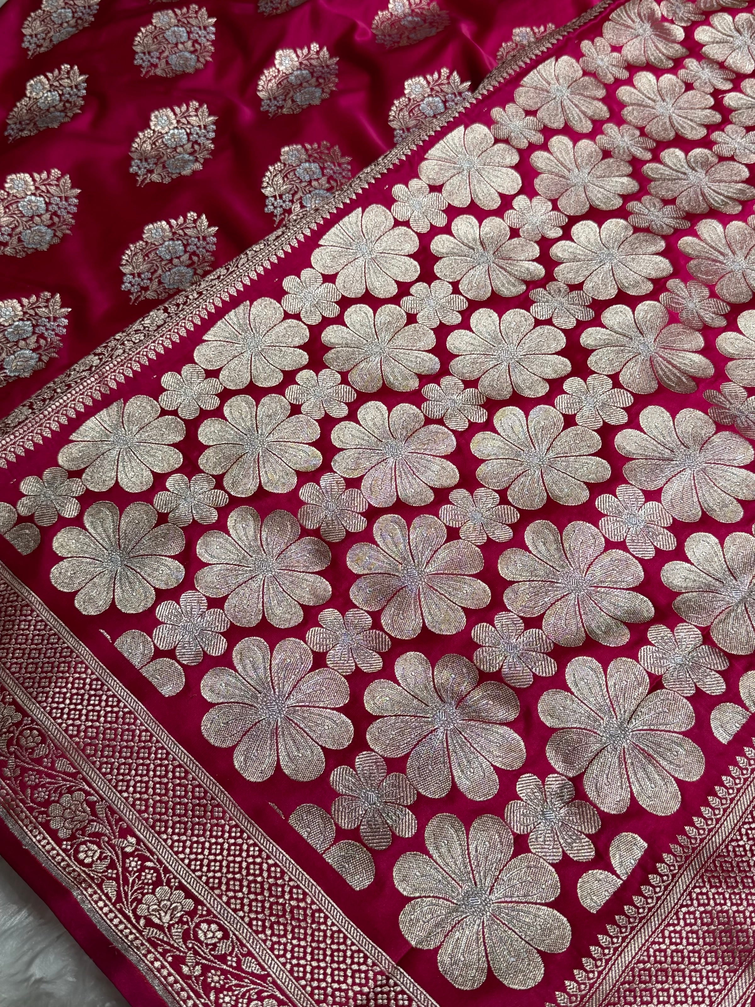 Premium Banarasi Satin Katan Saree With Minakari Boota in Rani Shades SK93