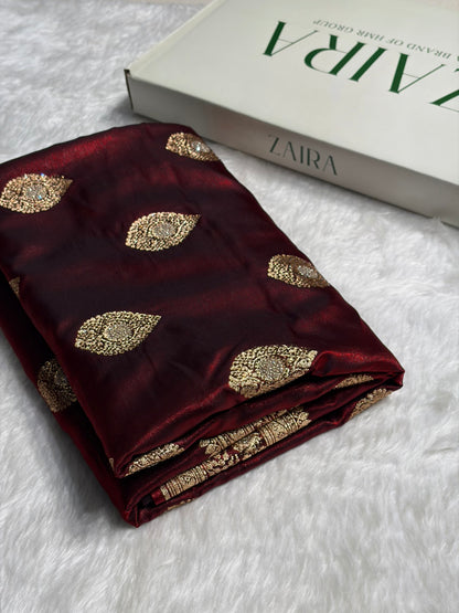 Maroon Shades Banarsi Satin Silk Boota with Stone Work BSS05