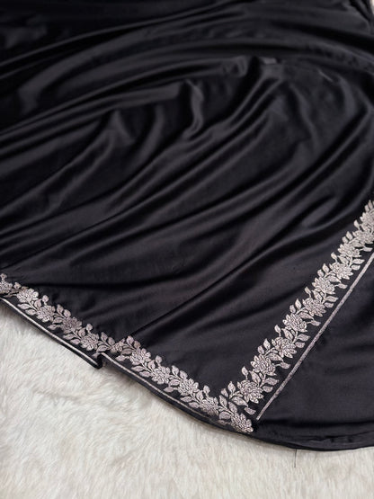 Black With Floral Border Mashru Silk Saree MS80