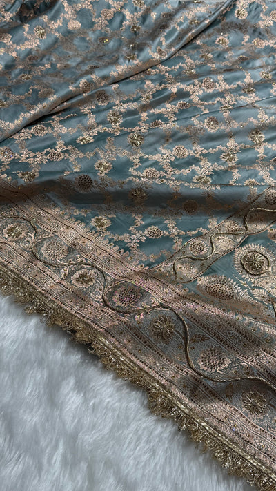 Dusty Turquoise Swavroski & Zardozi Work With Gotta Patti Jaal Pattern Satin Katan Silk Saree BSKGP25