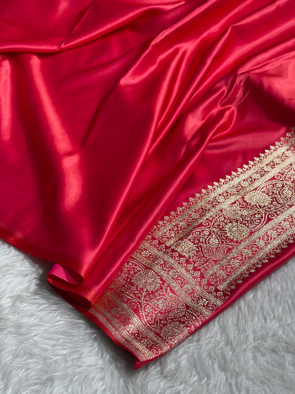 Cross Peach Shades Floral Jaal Pattern Satin Katan Silk saree SK55