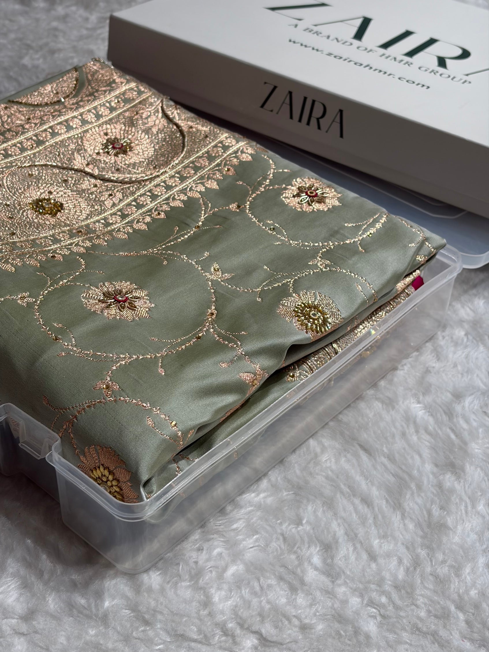Pastel Mahndi Banarasi Jaal Satin Katan Silk Saree with Stone & Zardozi Work BSK06