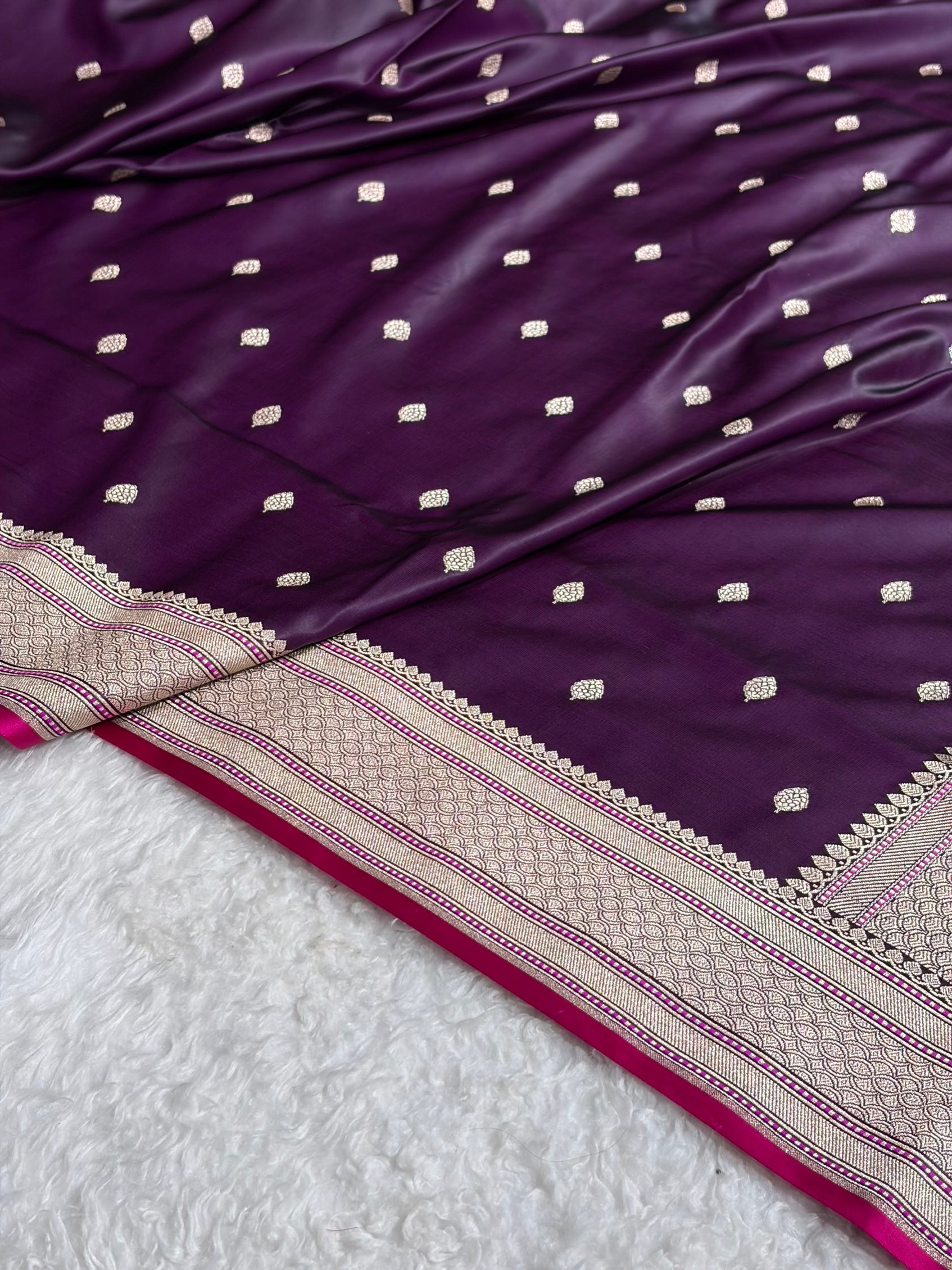 Banarasi Wine Boota With Floral Border Mashru Silk Saree