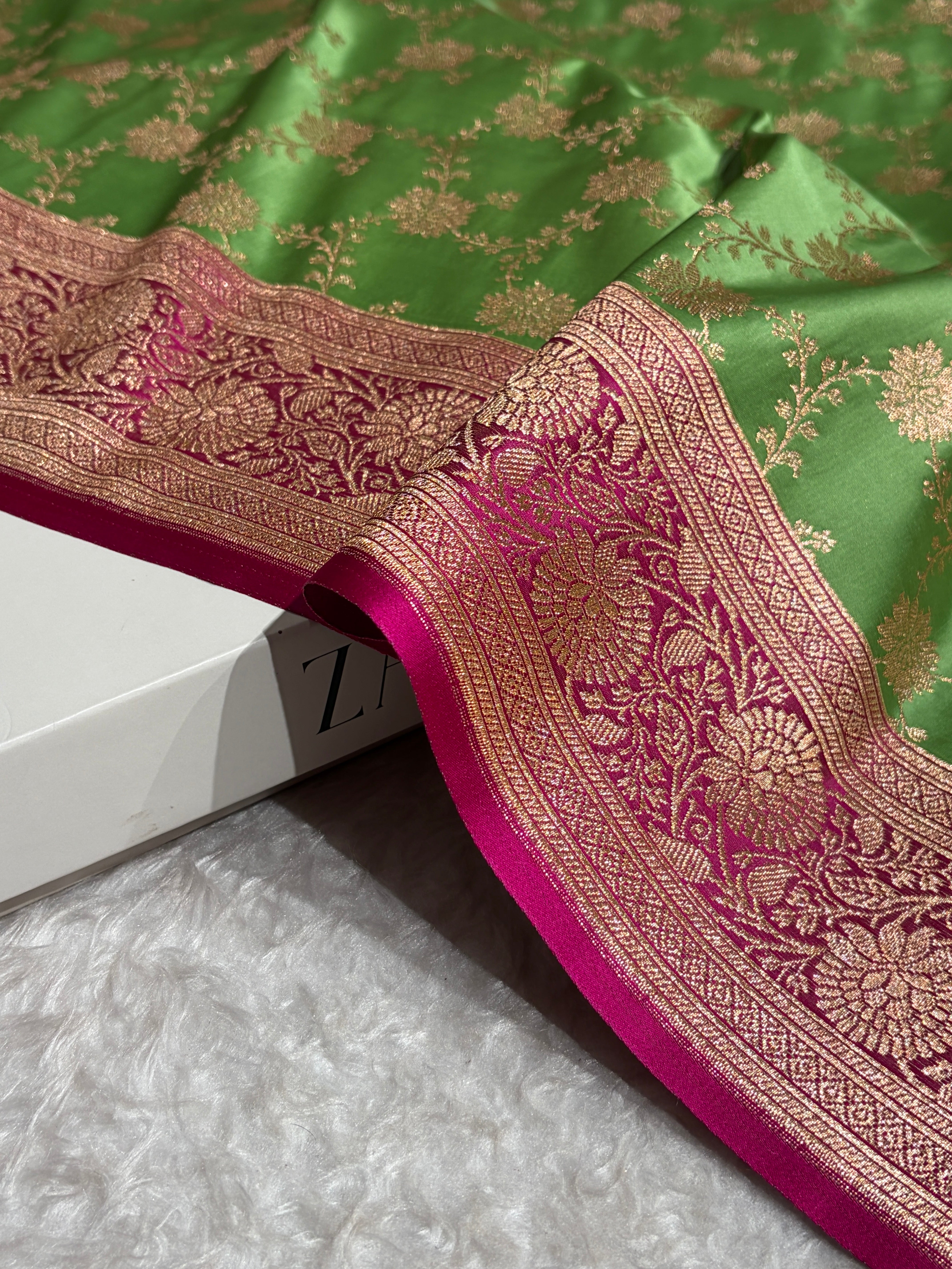 Banarasi Satin Katan Saree in Contrast Light Green / Rani Shades SK132