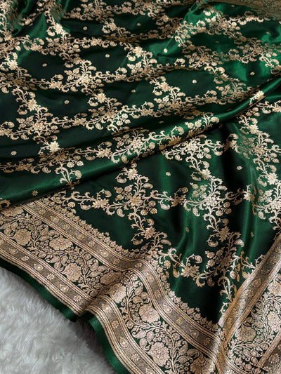 Bottle Green Shades Jaal Pattern Banarasi Satin Silk Saree SS48