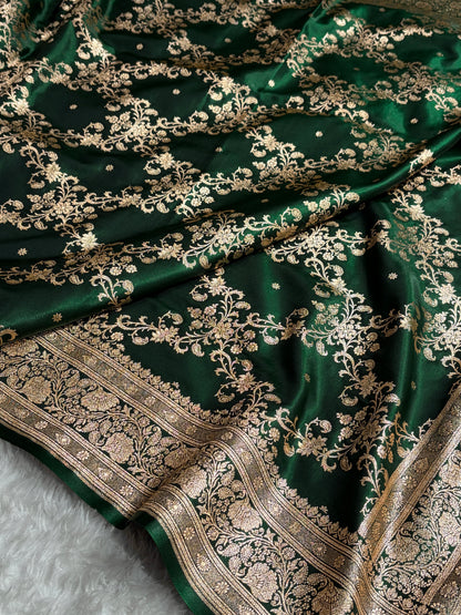Bottle Green Shades Jaal Pattern Banarasi Satin Silk Saree SS48