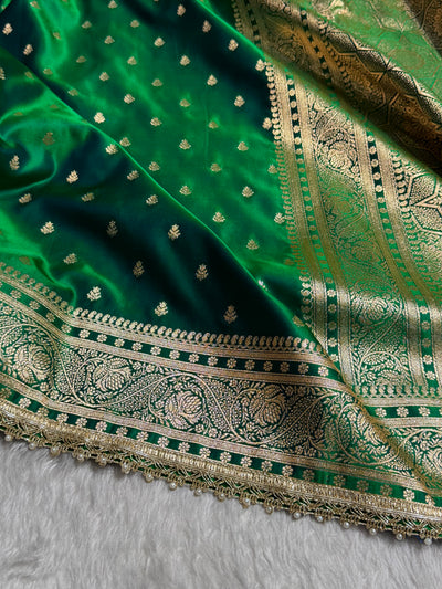 Cross Green Floral Pattern With Gotta Patti Satin Katan Silk Saree SKGP78