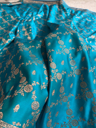 Banarasi Satin Katan Saree Jaal Pattern In Sky Blue Shades SK133
