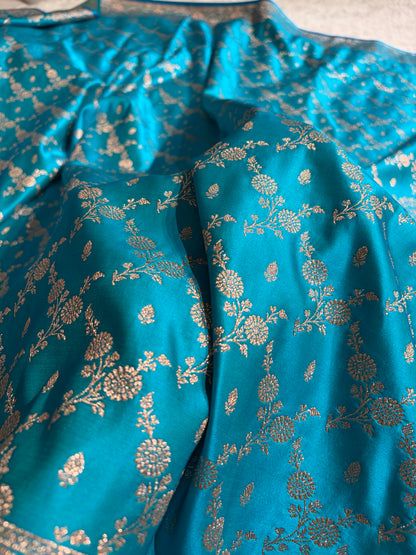 Banarasi Satin Katan Saree Jaal Pattern In Sky Blue Shades SK133