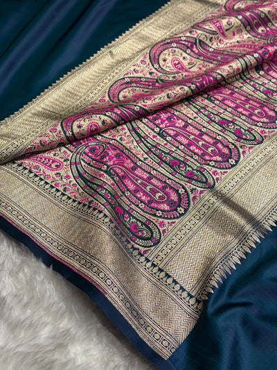 German Blue Shades Banarasi With Plain & Minakari Floral Border Mashru Silk Saree MSM-129