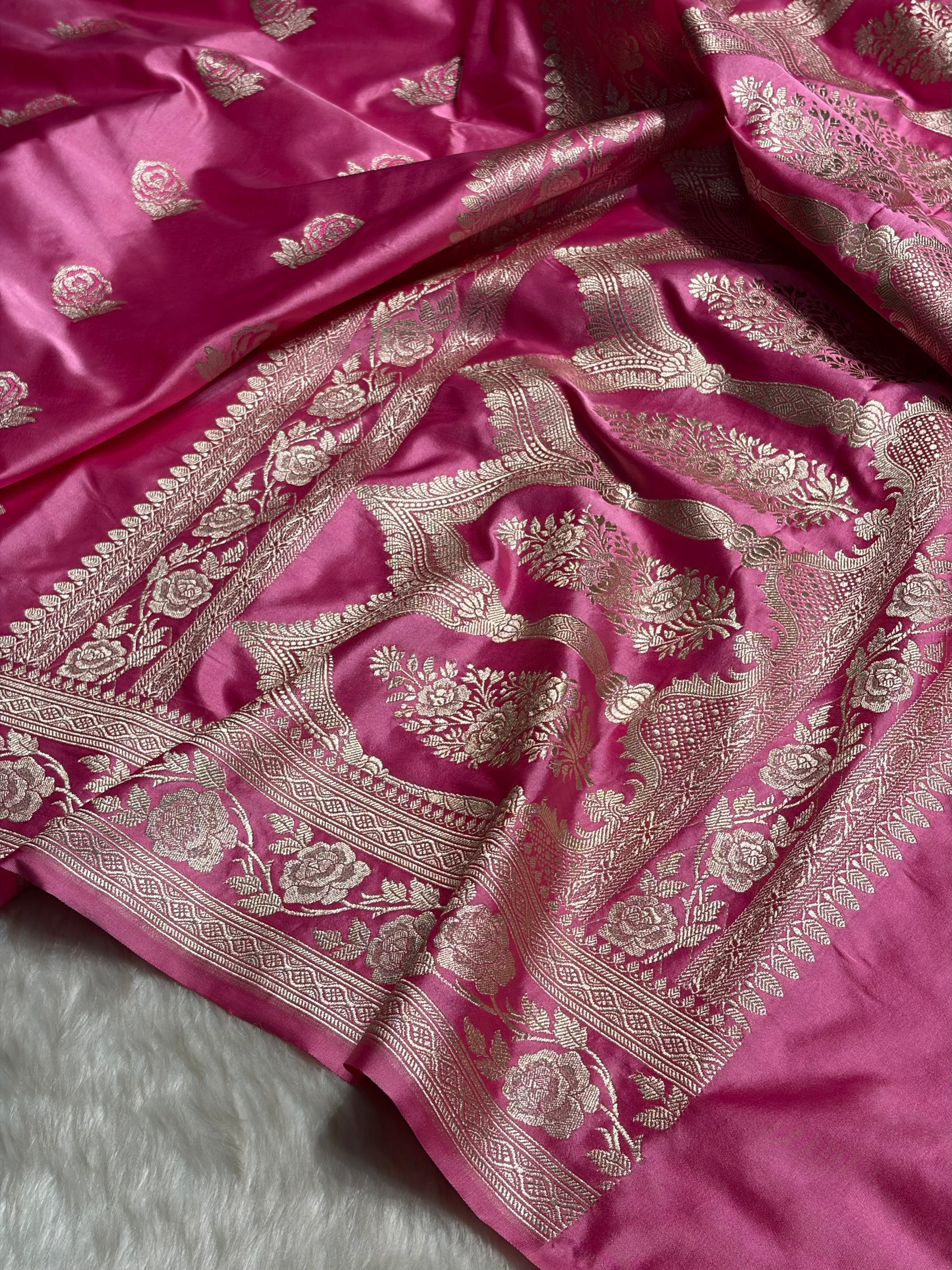 Baby Pink Rose Motif Mashru Silk Saree