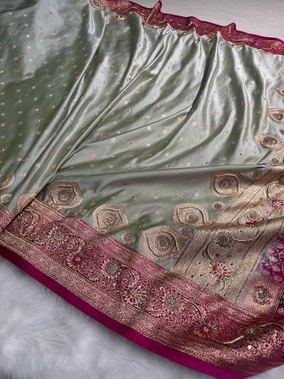Mehandi Wine Contrast Booti With Ari & Zardozi Work Satin Katan Silk saree BSK29