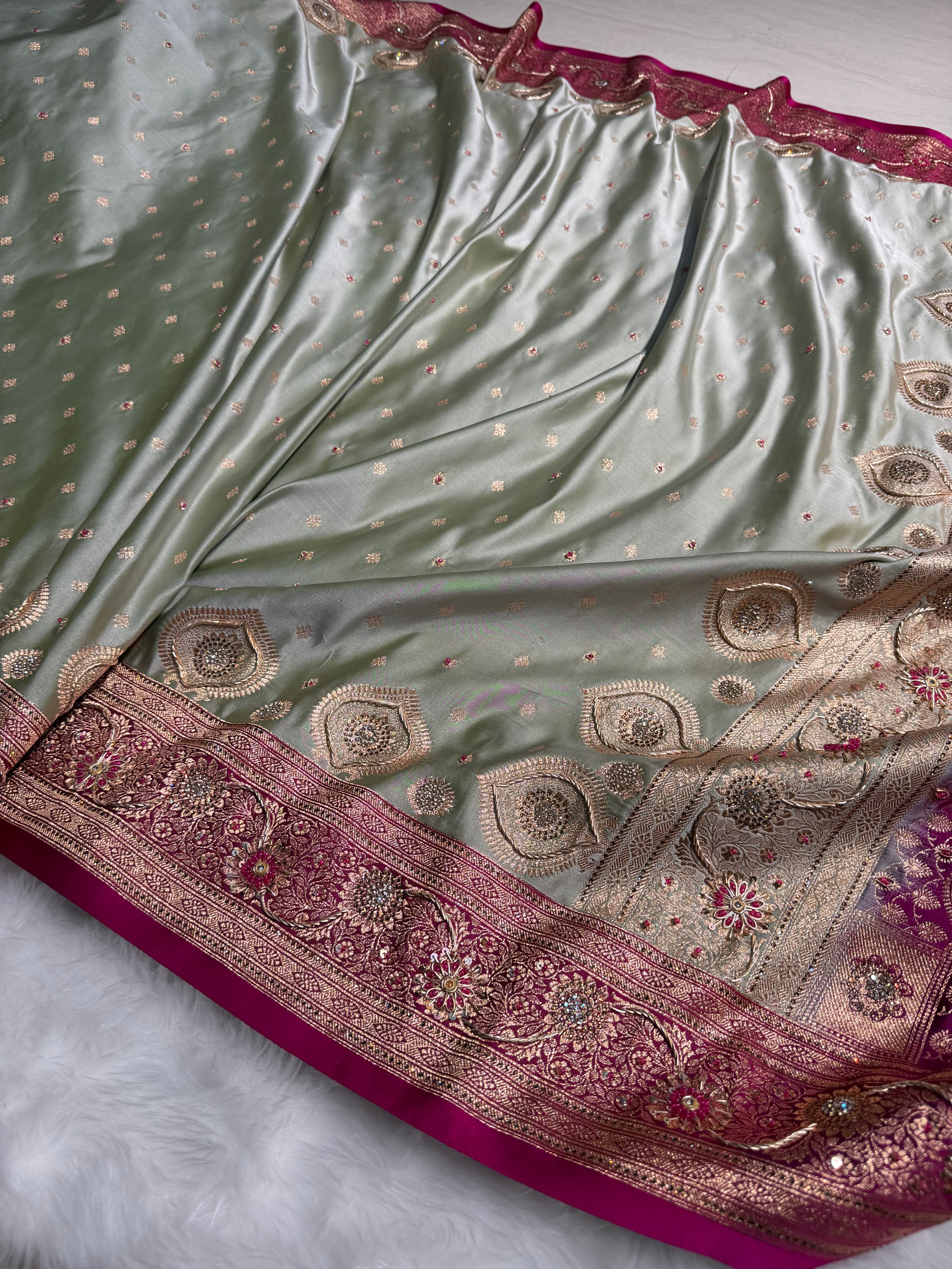 Mehandi Wine Contrast Booti With Ari & Zardozi Work Satin Katan Silk saree BSK29