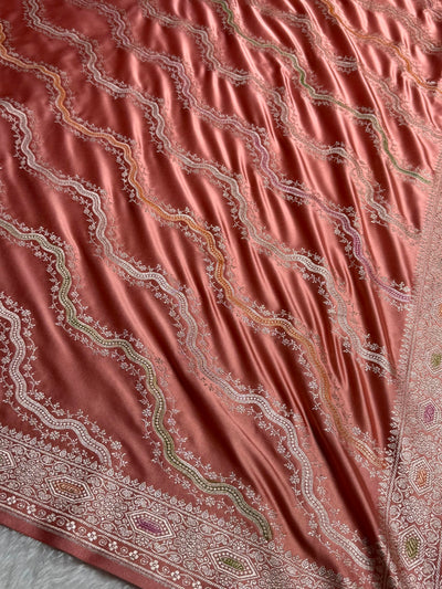 Peach Minakari Cross Pattern in unique Banarasi Shades Mashru Silk Saree MCS93