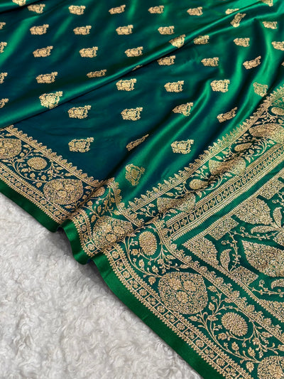 Banarasi Satin Katan Saree With Boota in Cross Green Shades SK98