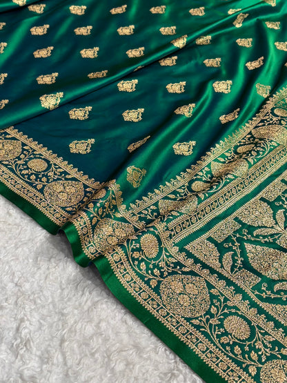 Banarasi Satin Katan Saree With Boota in Cross Green Shades SK98
