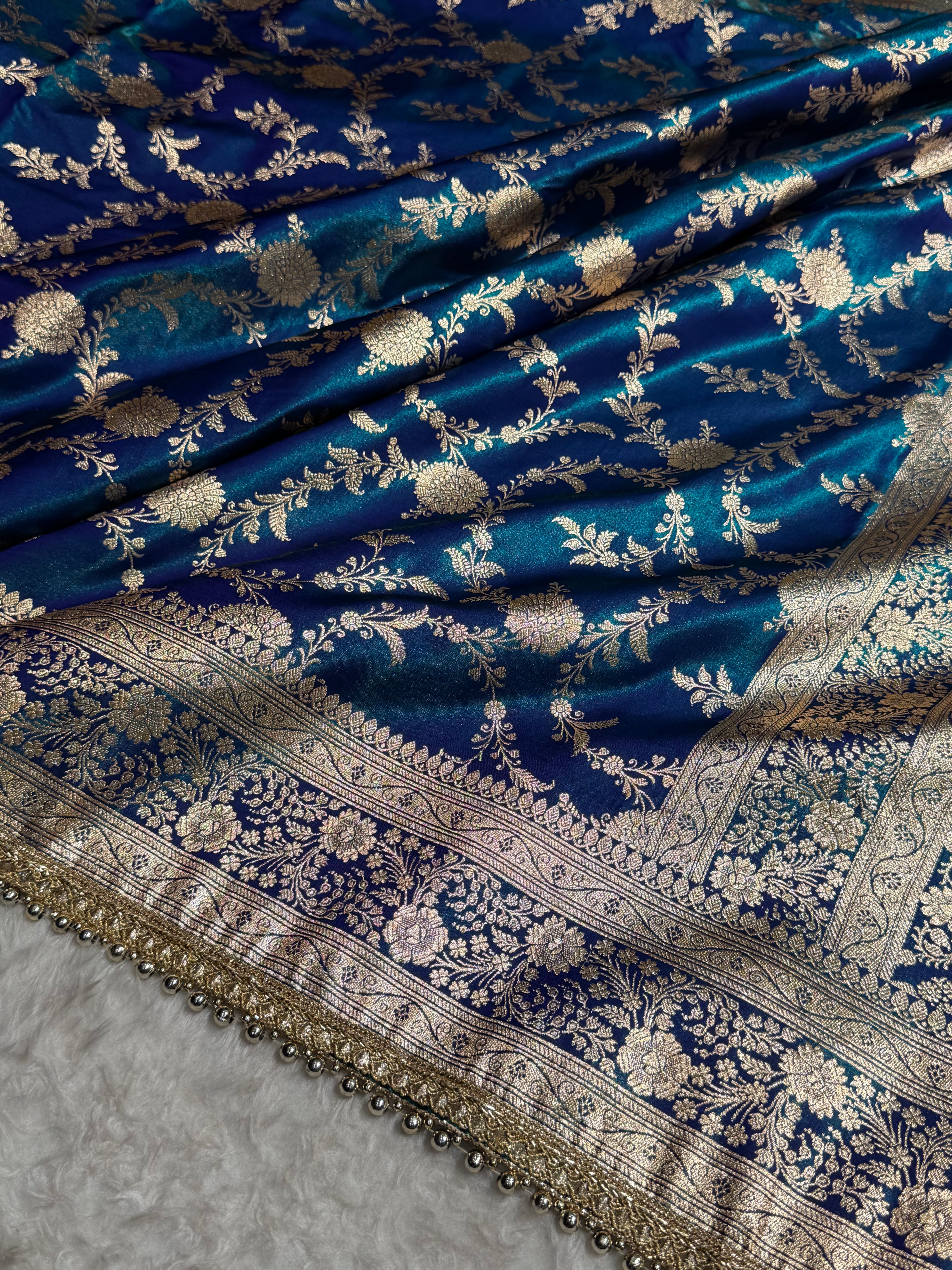 Peacock Jaal Satin Silk Saree with Gotta Patti