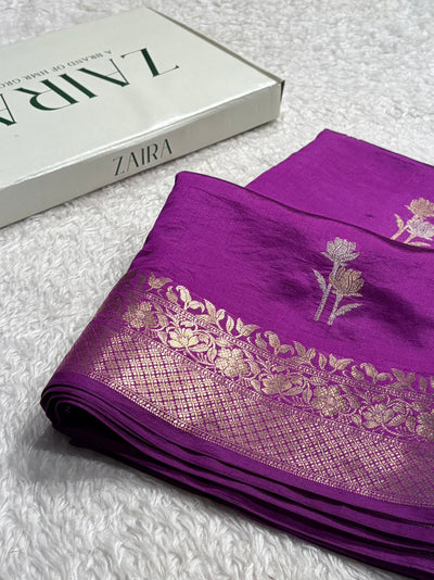 Magentic Wine Shade Flower Boota Pure Caramel Mango Silk Saree CS-16
