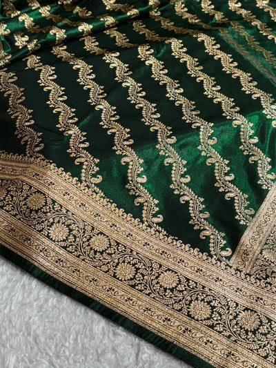 Bottle Green Shades Cross Pattern Banarasi Satin Silk Saree SS39