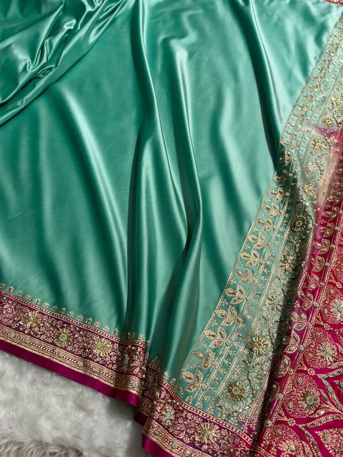 SeaGreen and Rani Contrast Banarasi Satin Katan Saree With Aari Zardozi Work Boota in Cross Green Shades BSK131