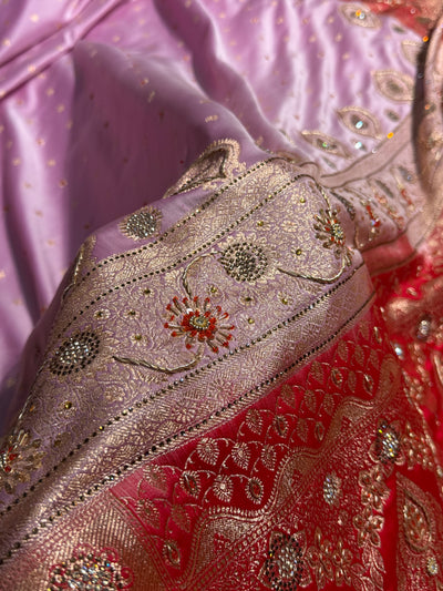 Lavender Red Contrast Booti With Ari & Zardozi Work Satin Katan Silk saree BSK29