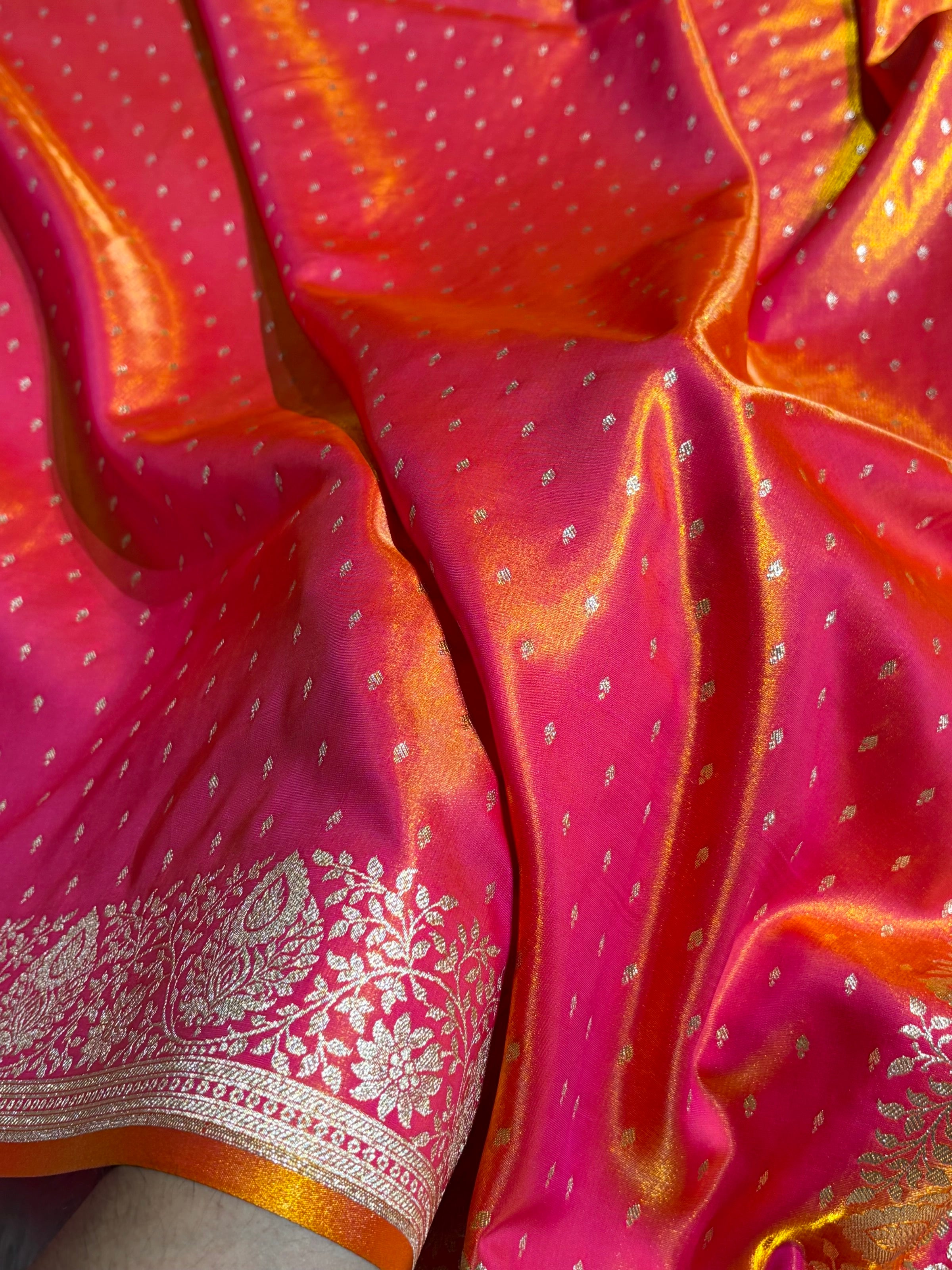 Satin Silk Saree Floral Boota in Pinkish Orange Shades SS28